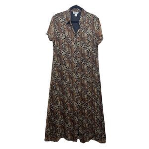VINTAGE Silk Animal Leopard Print Button Down Shirt Dress Robbie Bee Size 10